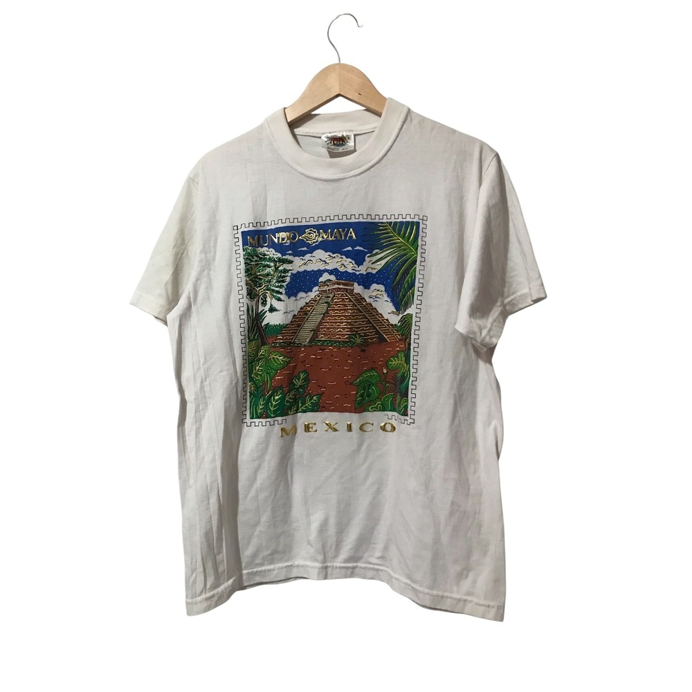 Vintage Mundo Maya Mexico‎ T-Shirt Yoyo's Sportswear Aztec Pyramid Large
